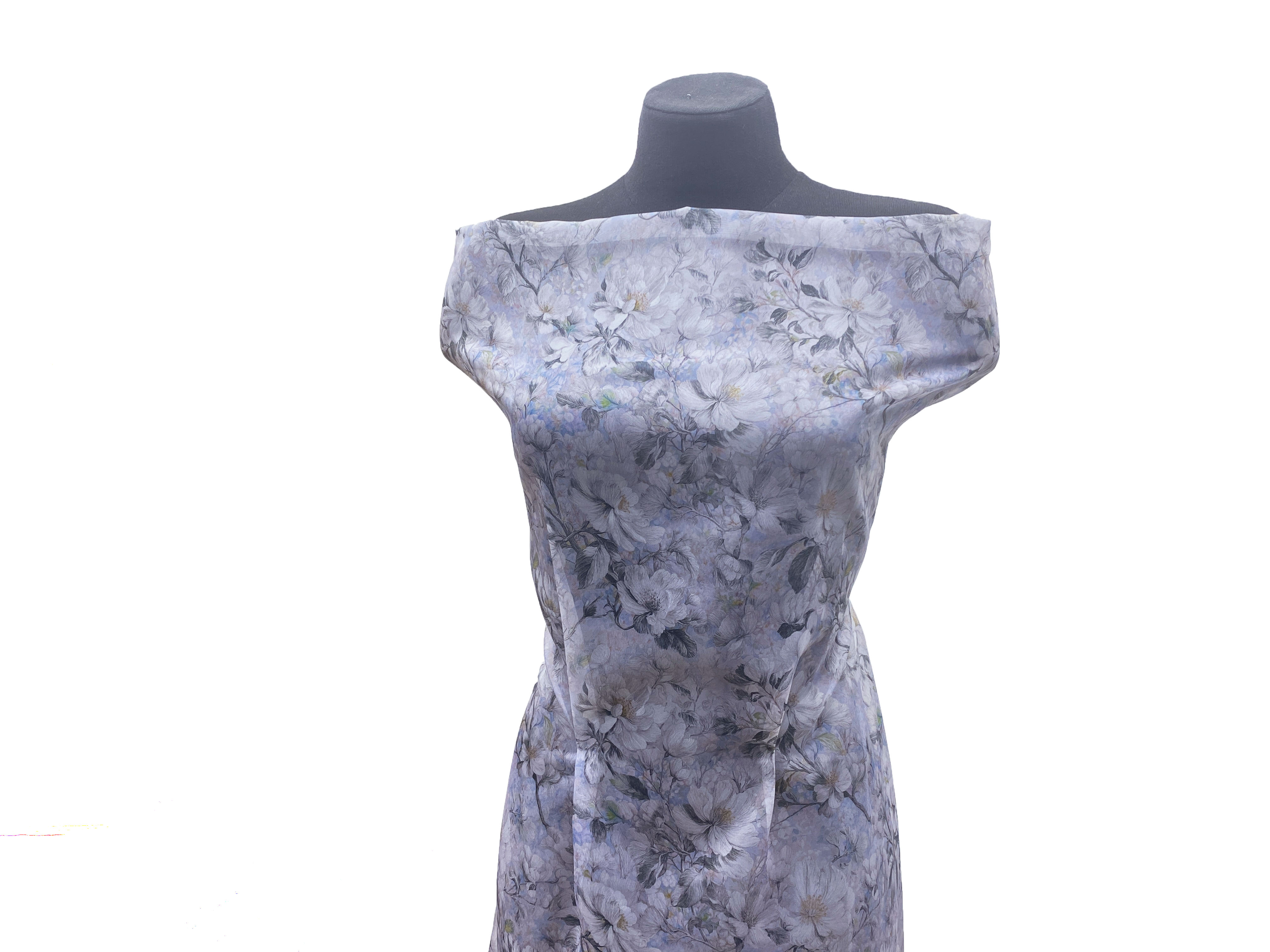 Ткань Шифон  голубого цвета с принтом  цветущие веточки 24315 5